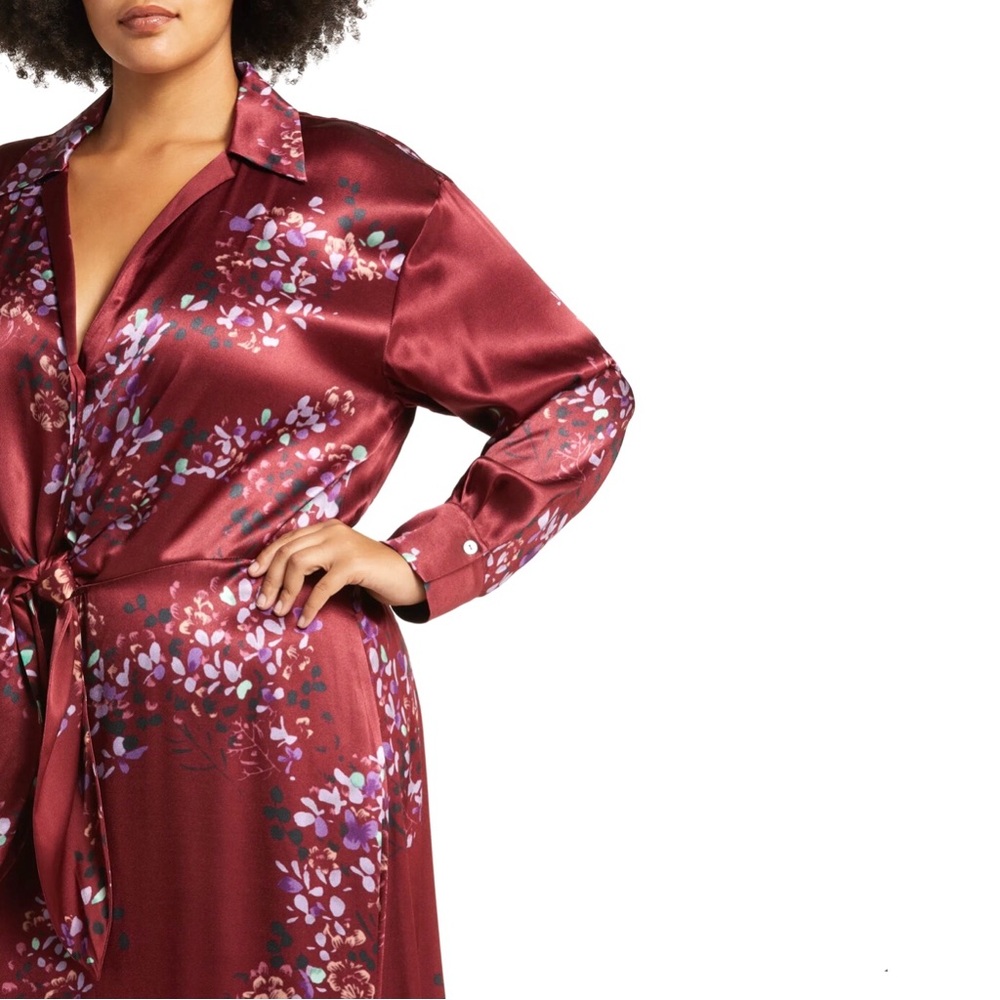 Vince Satin Shirtdress Forsythia Long Sleeve Deep Red Floral Size 3X - Picture 5 of 9